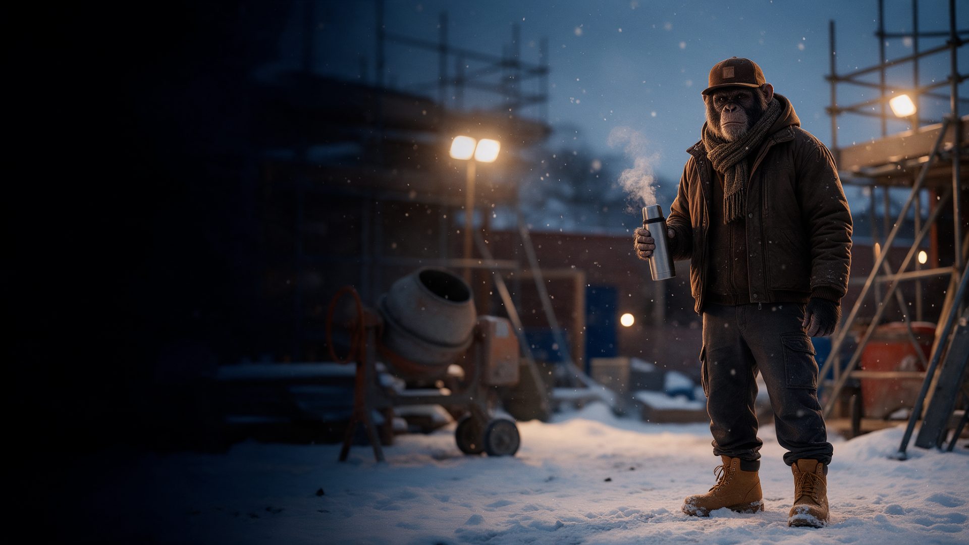 The Toolmonkey monkey on a snowy building site at dusk, wrapped up in a padded jacket and scarf, holding a flask