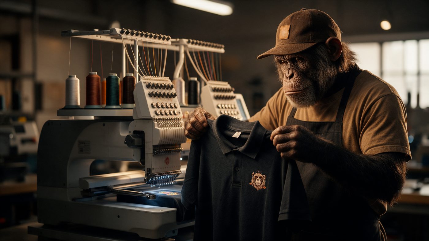 The Toolmonkey monkey holding up a freshly embroidered polo shirt beside the embroidery machine