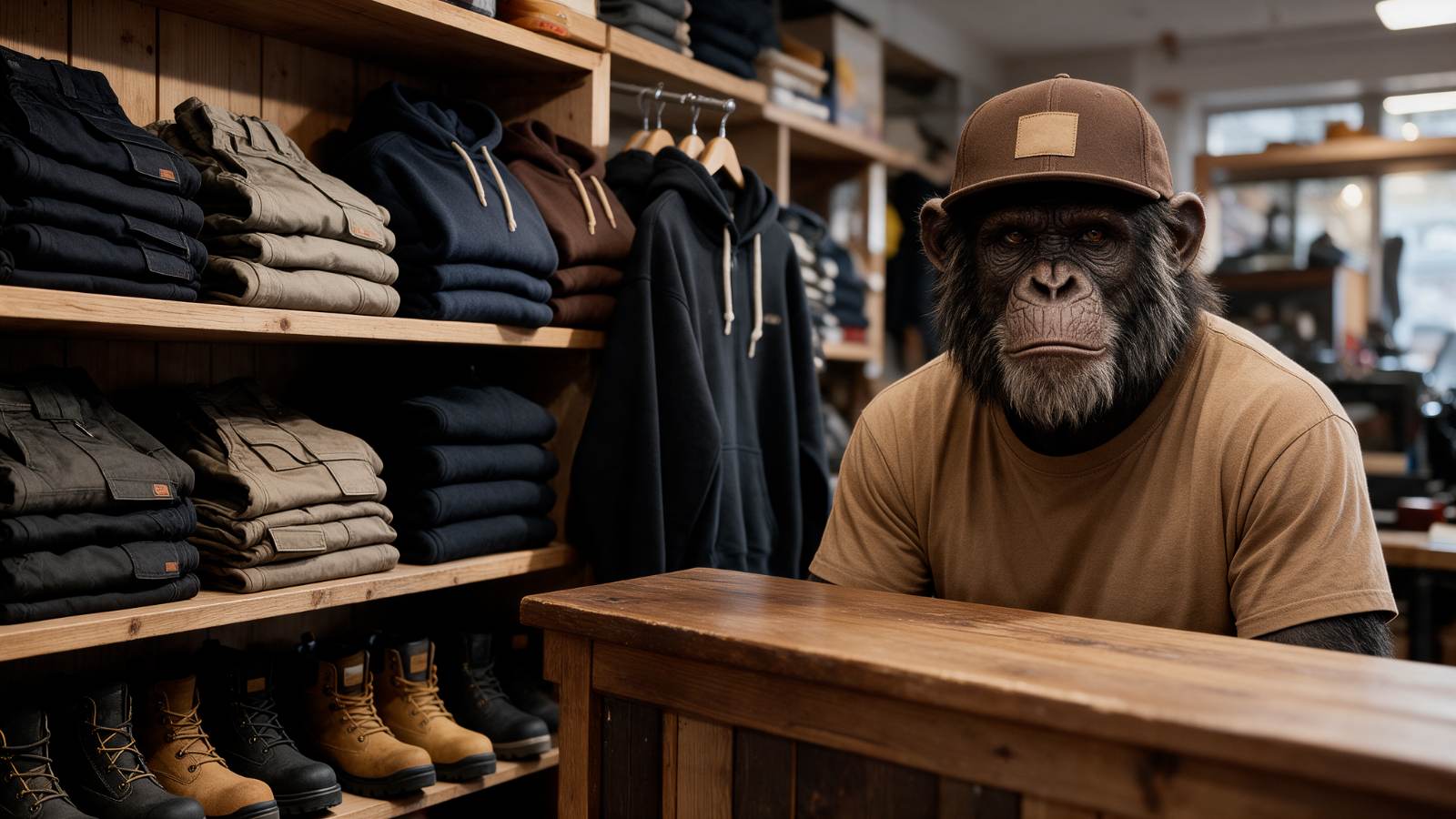 The Toolmonkey monkey behind the counter of the Leighton Buzzard workwear shop, shelves of trousers, hoodies and safety boots behind